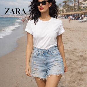 🌸ZARA Denim Shorts High Rise Cross Waist Mom Fit NWT